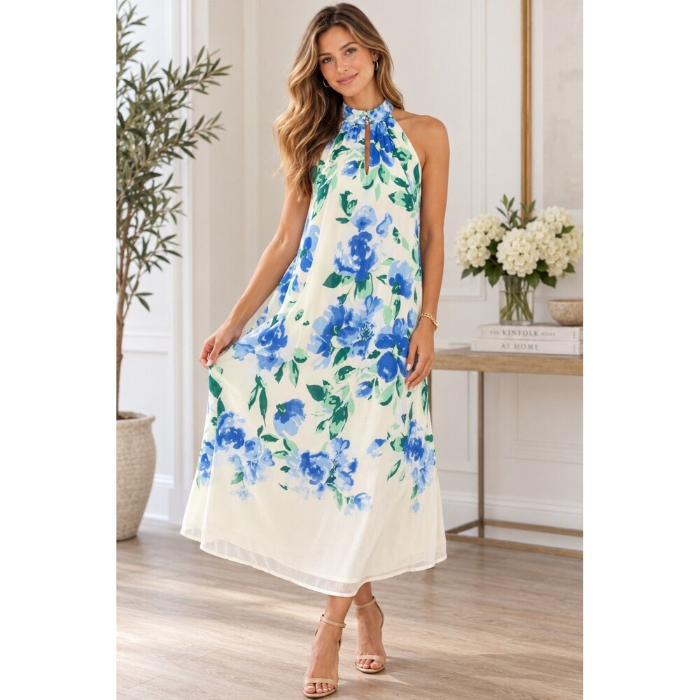 Harlow & Rose Women's Floral Halter Maxi Dress Blue White Sleeveless Small